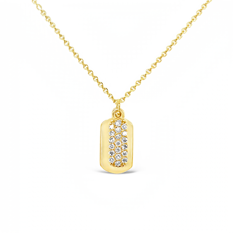 14 Karat yellow gold tag necklace Length 18" with 19=0.10 total weight round brilliant G VS Diamonds